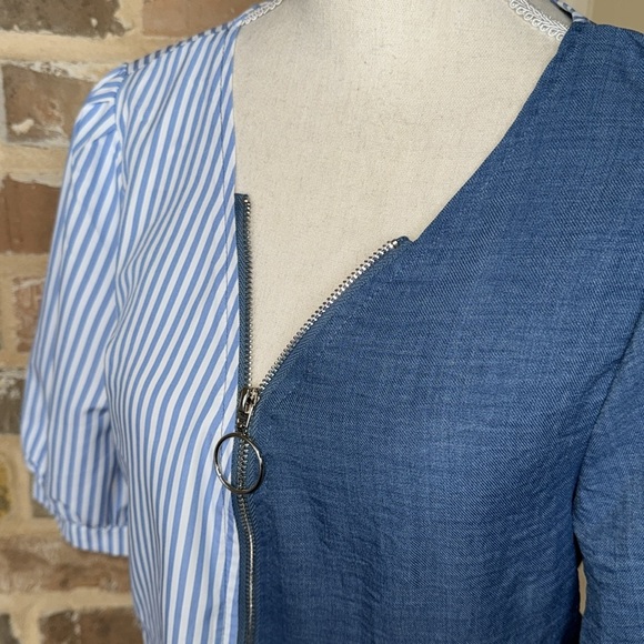 Emery Rose Blue Color Block Stripe Front Zip Blouse Tunic Puffy Sleeve L - Picture 4 of 15
